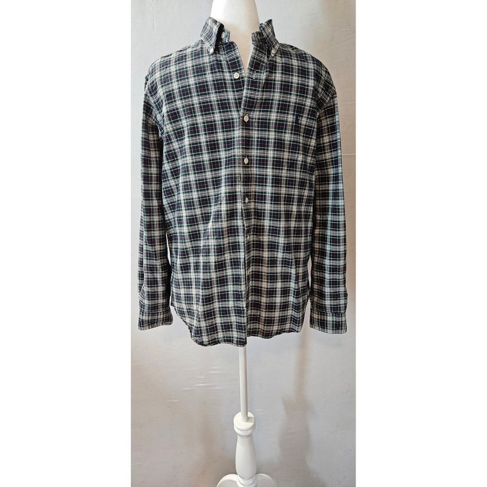 Ralph Lauren Mens Plaid Button Down Shirt Large Green Navy Blue Long Sleeve L